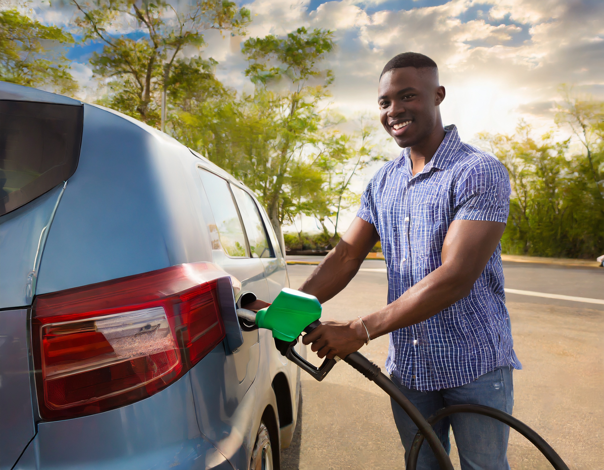 A photo of a man pumping gas.