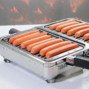 A photo of hot dogs on a roller grill.